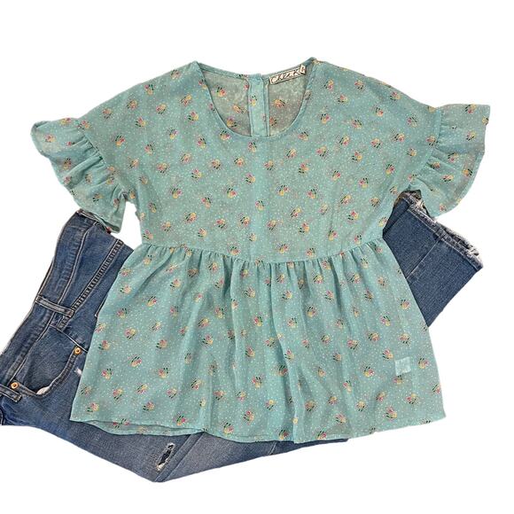 Nordstrom's Chloe K Green/Teal Floral Babydoll Flutter Sleeve Blouse - SIZE S - Picture 1 of 6